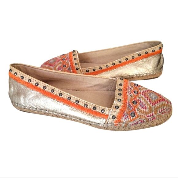 House Of Harlow 1960 Kat Gold Leather Weaved Studded Espadrilles Size 38.5 US 7 - Picture 1 of 16